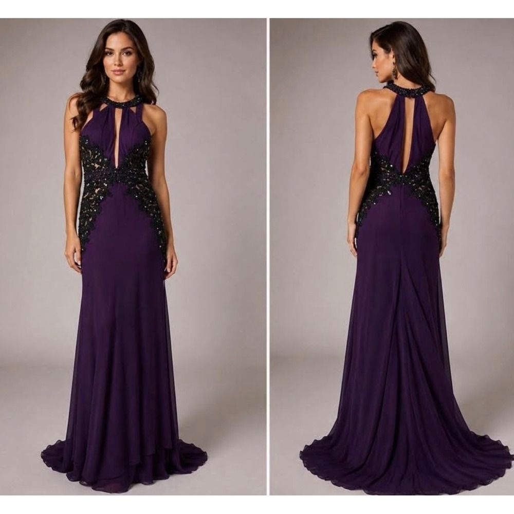 Sherri Hill Purple Beaded Lace Halter Neck‎ Prom Pageant Gown Dress Size 8